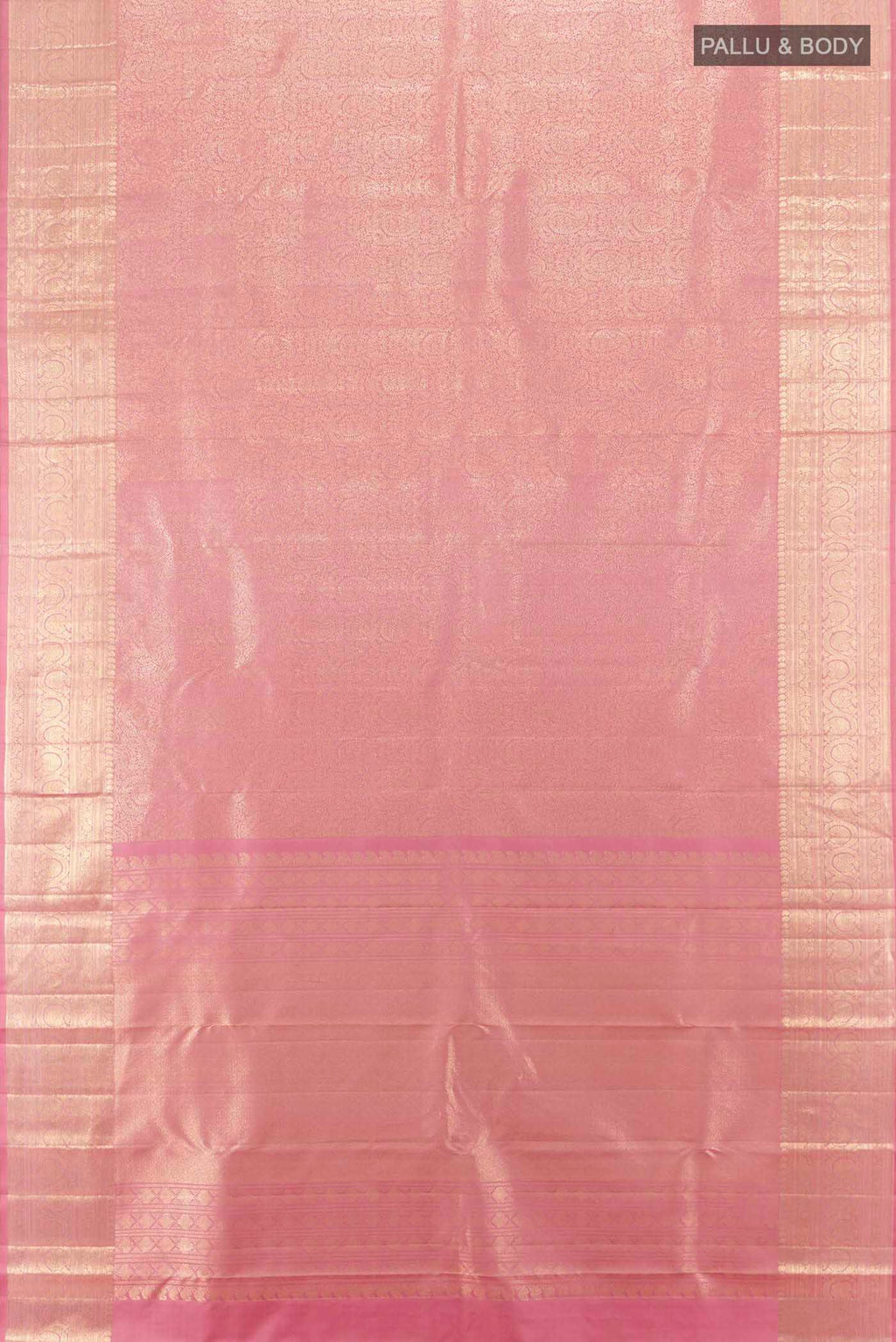 Flat view of Golden Peach Kanchipuram Silk Saree with Zari Butta on the body and Silk Border. 