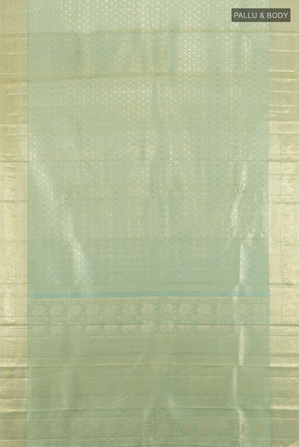 Flat view of Pure Silk Pure Zari Golden Kanchipuram Saree with Zari Butta on the body and Silk Border. 