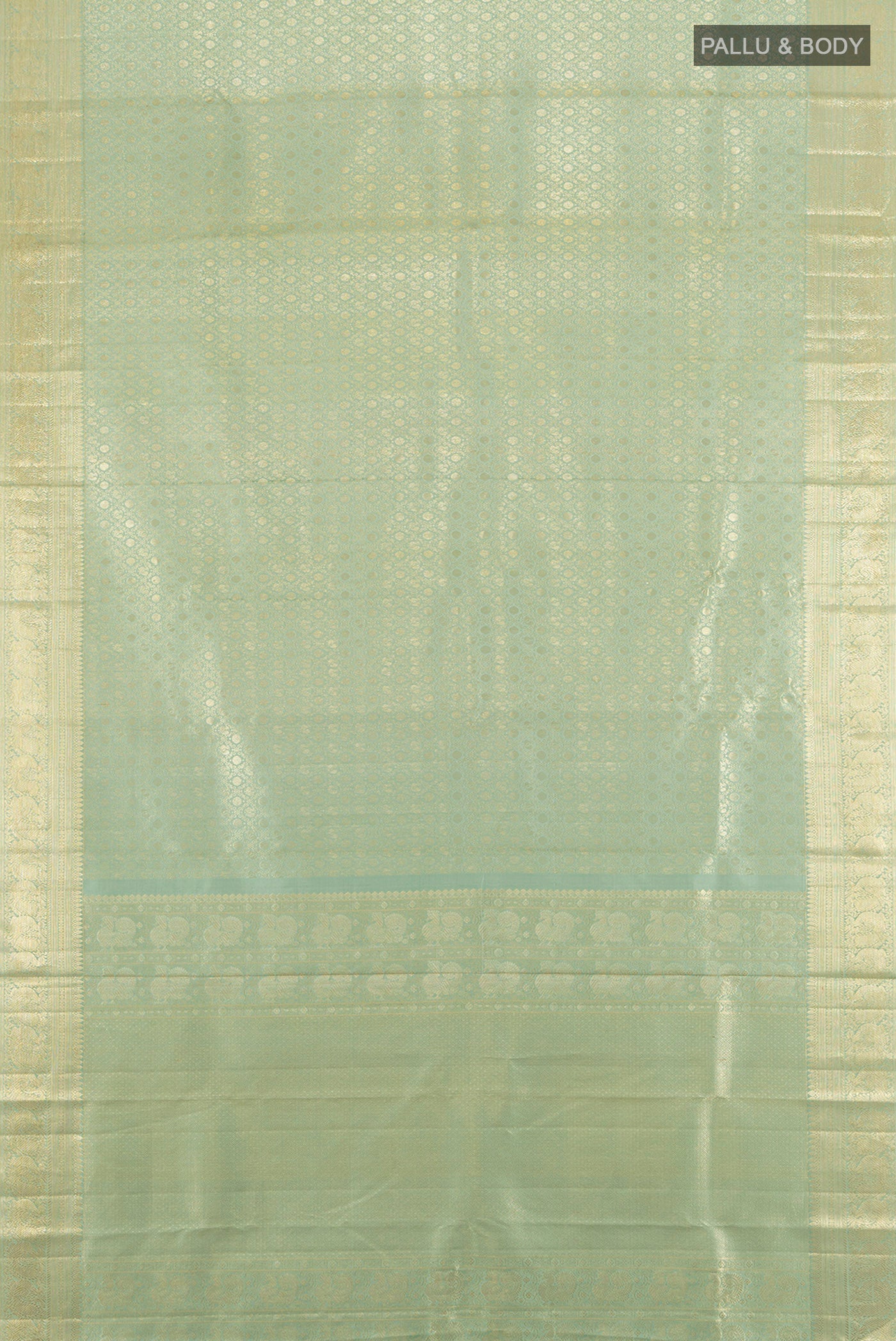 Flat view of Pure Silk Pure Zari Golden Kanchipuram Saree with Zari Butta on the body and Silk Border. 