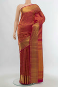 Magenta Kanchipuram Silk Saree with Zari Butta on the body and Silk Border.  displayed on a mannequin