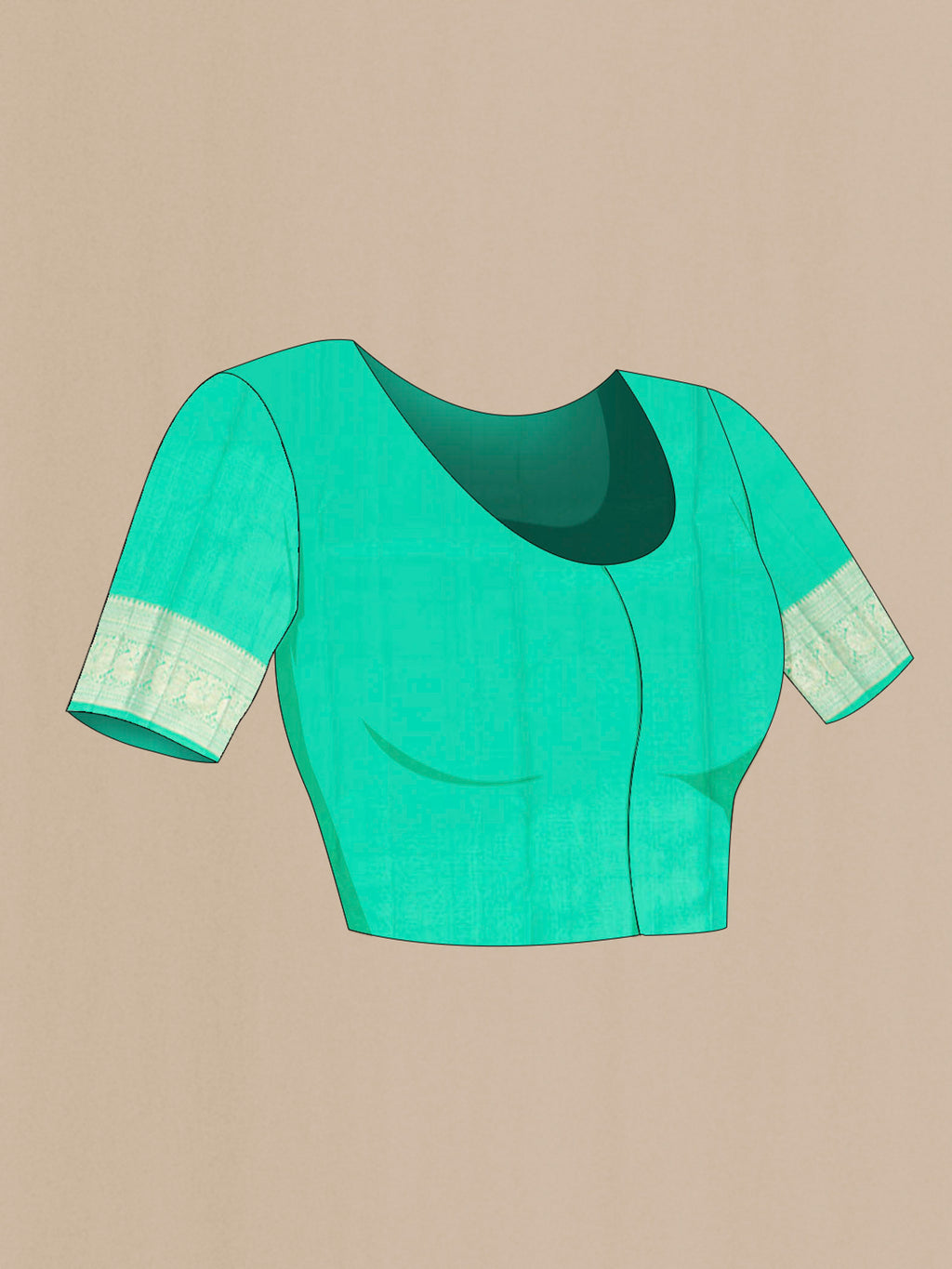 Close up image of the blouse of Sea Green Kanchipuram Silk Saree with Zari Butta on the body and Silk Border. 