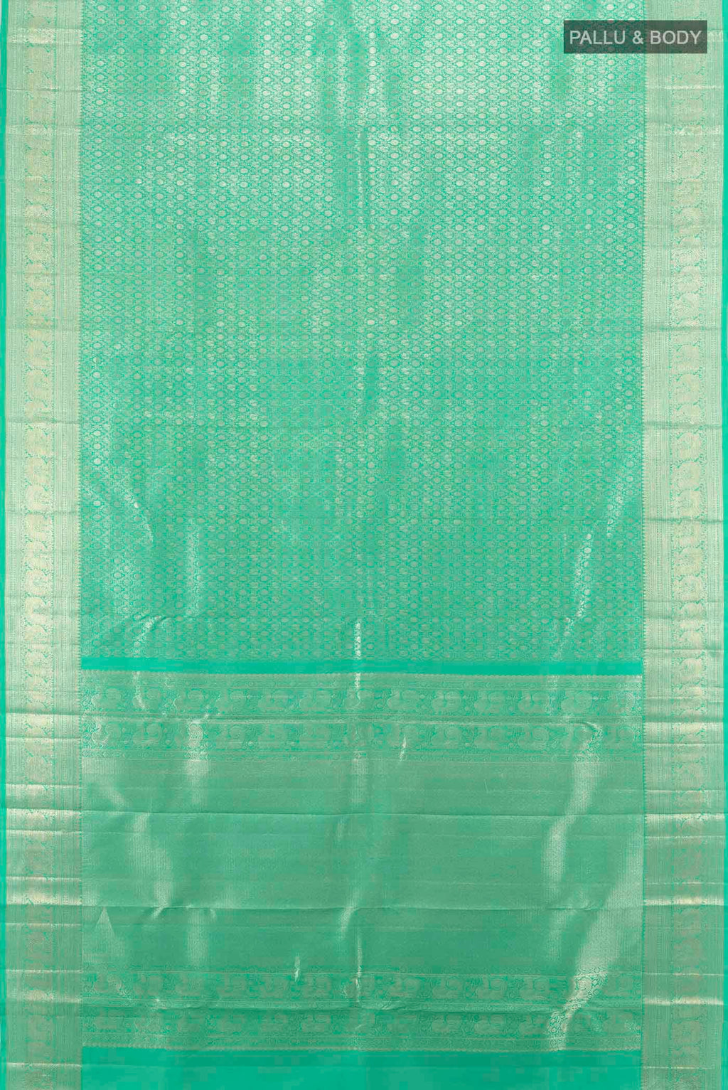 Flat view of Sea Green Kanchipuram Silk Saree with Zari Butta on the body and Silk Border. 