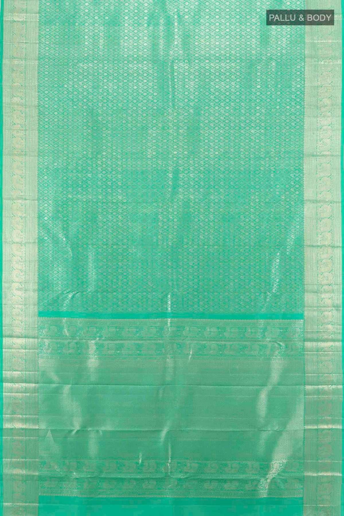 Flat view of Sea Green Kanchipuram Silk Saree with Zari Butta on the body and Silk Border. 