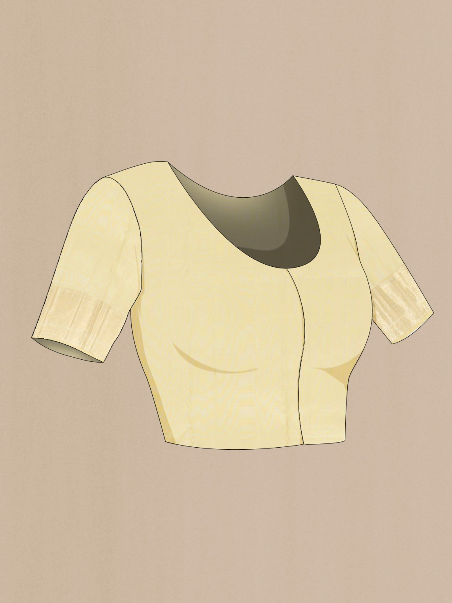 Close up image of the blouse of Cream Kanchipuram Silk Saree with Zari Butta on the body and Silk Border. 