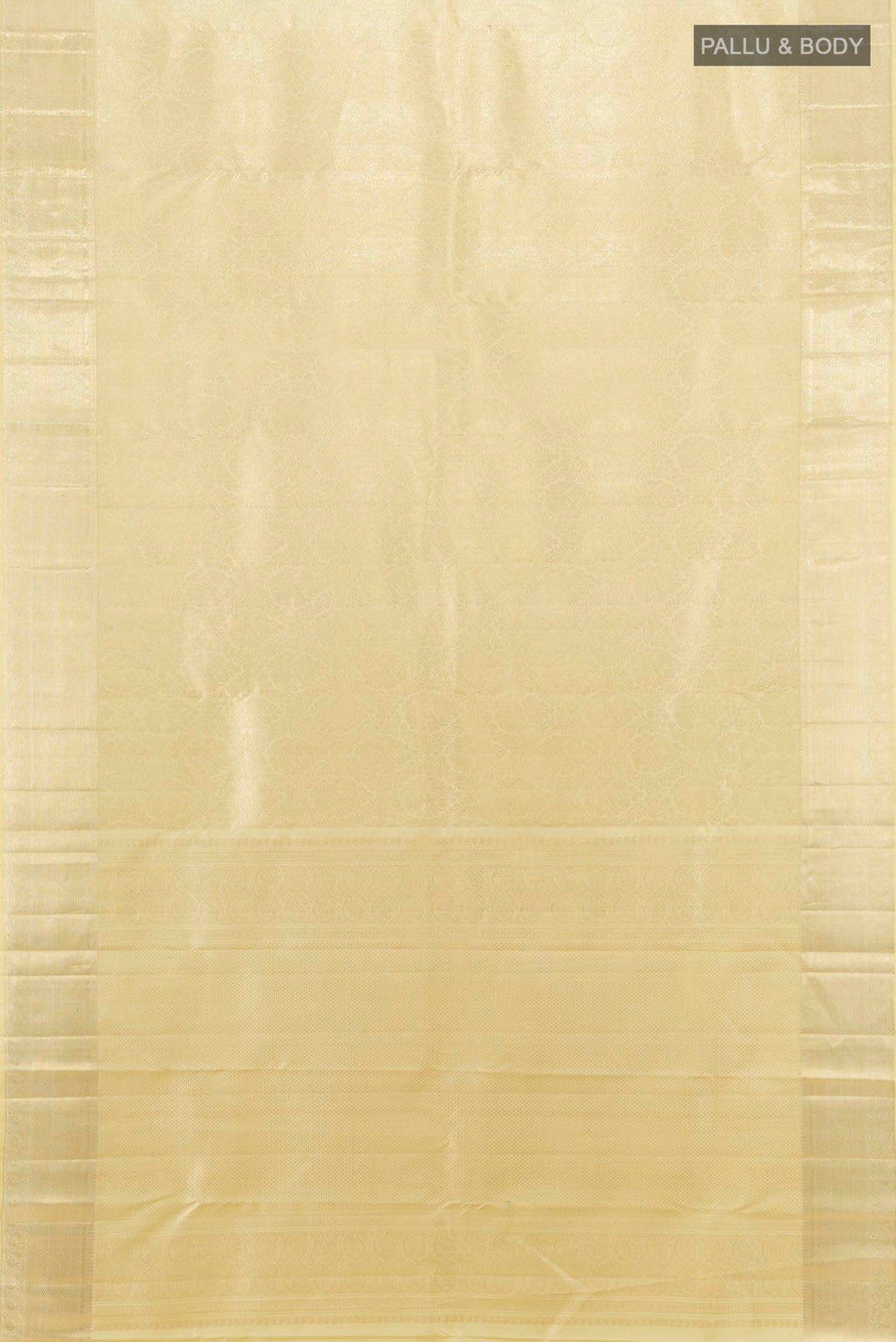 Flat view of Cream Kanchipuram Silk Saree with Zari Butta on the body and Silk Border. 