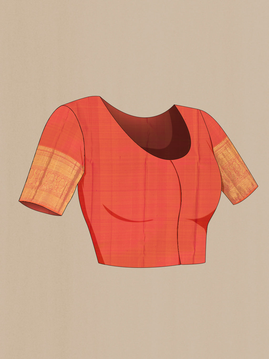 Close up image of the blouse of Brick Orange Kanchipuram Silk Saree with Zari Butta on the body and Zari Border. 