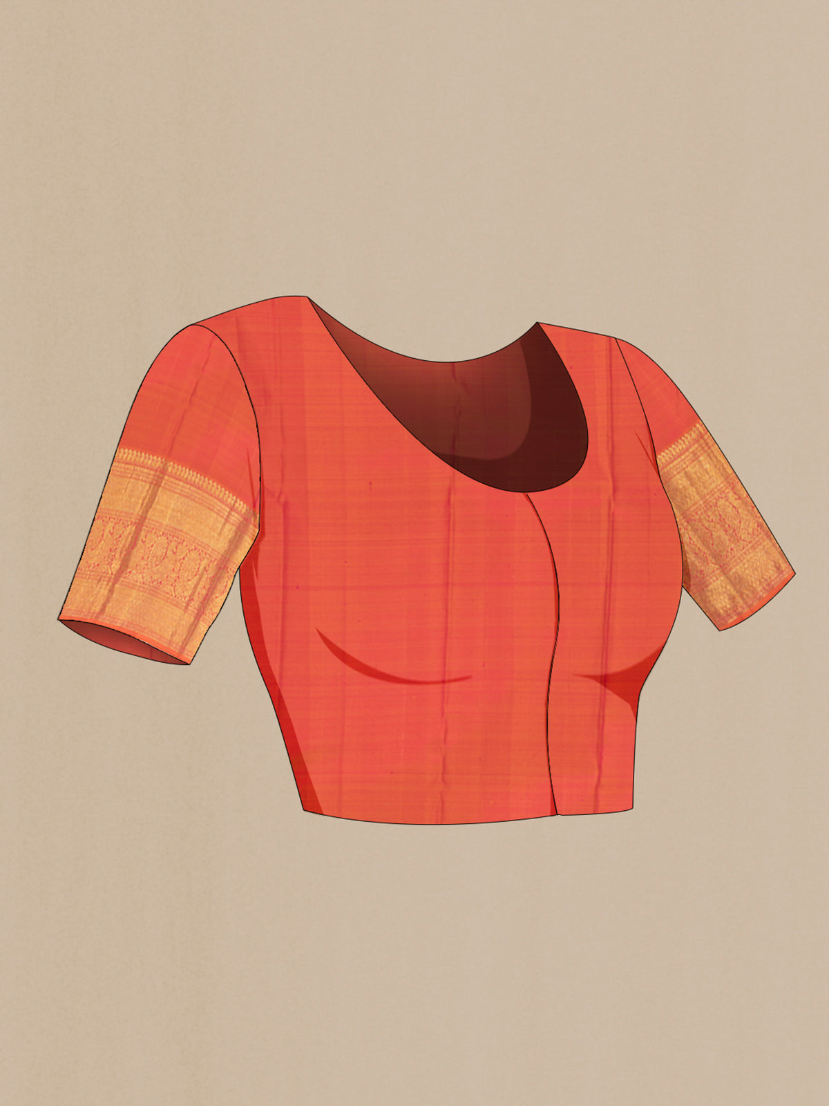 Close up image of the blouse of Brick Orange Kanchipuram Silk Saree with Zari Butta on the body and Zari Border. 