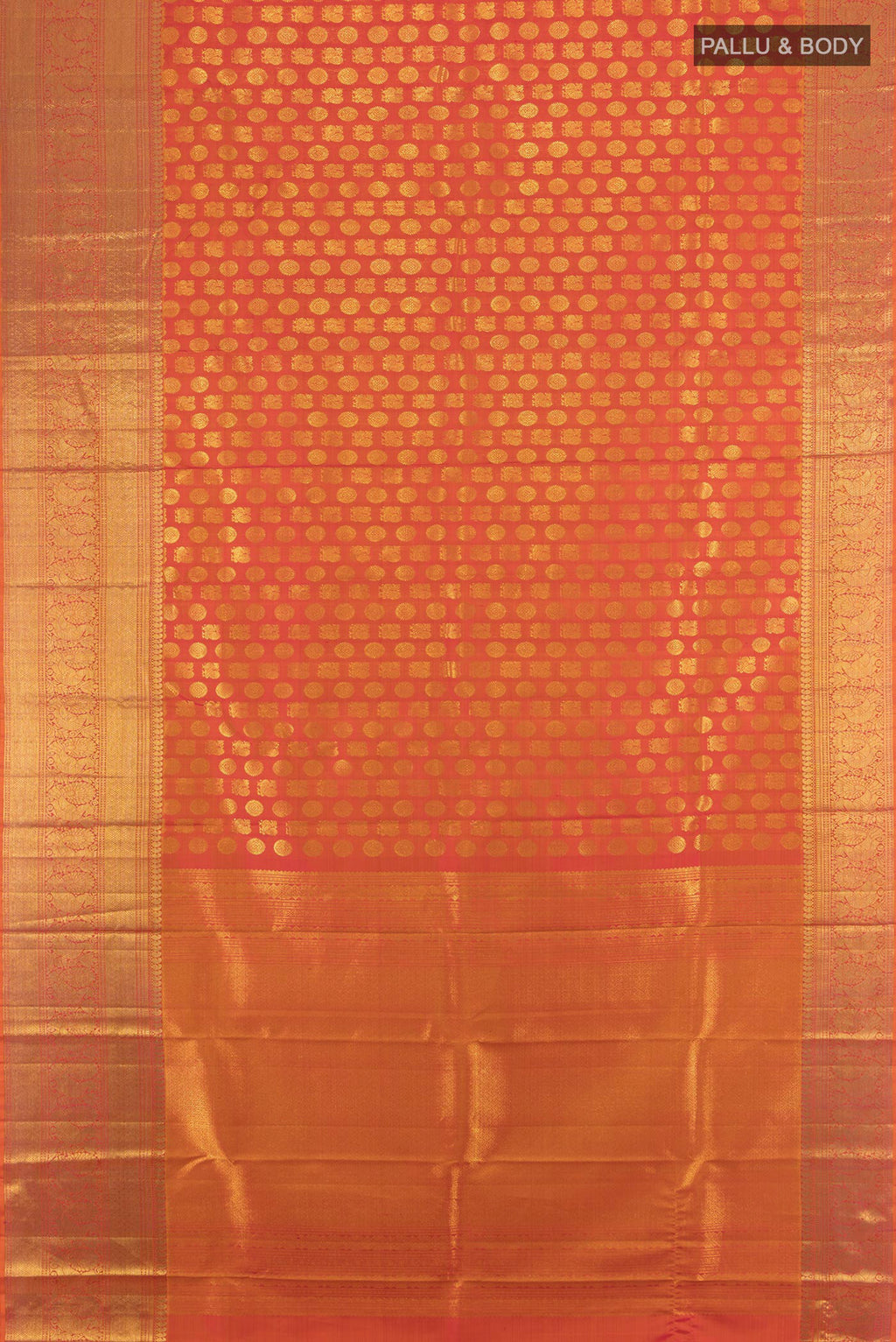 Flat view of Brick Orange Kanchipuram Silk Saree with Zari Butta on the body and Zari Border. 