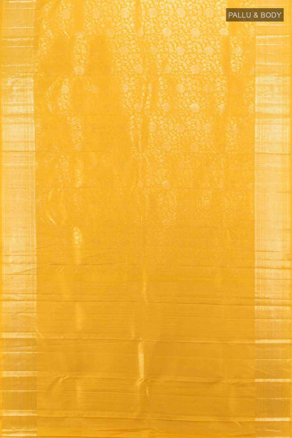 Flat view of Yellow Kanchipuram Silk Saree with Zari Butta on the body and Silk Border. 