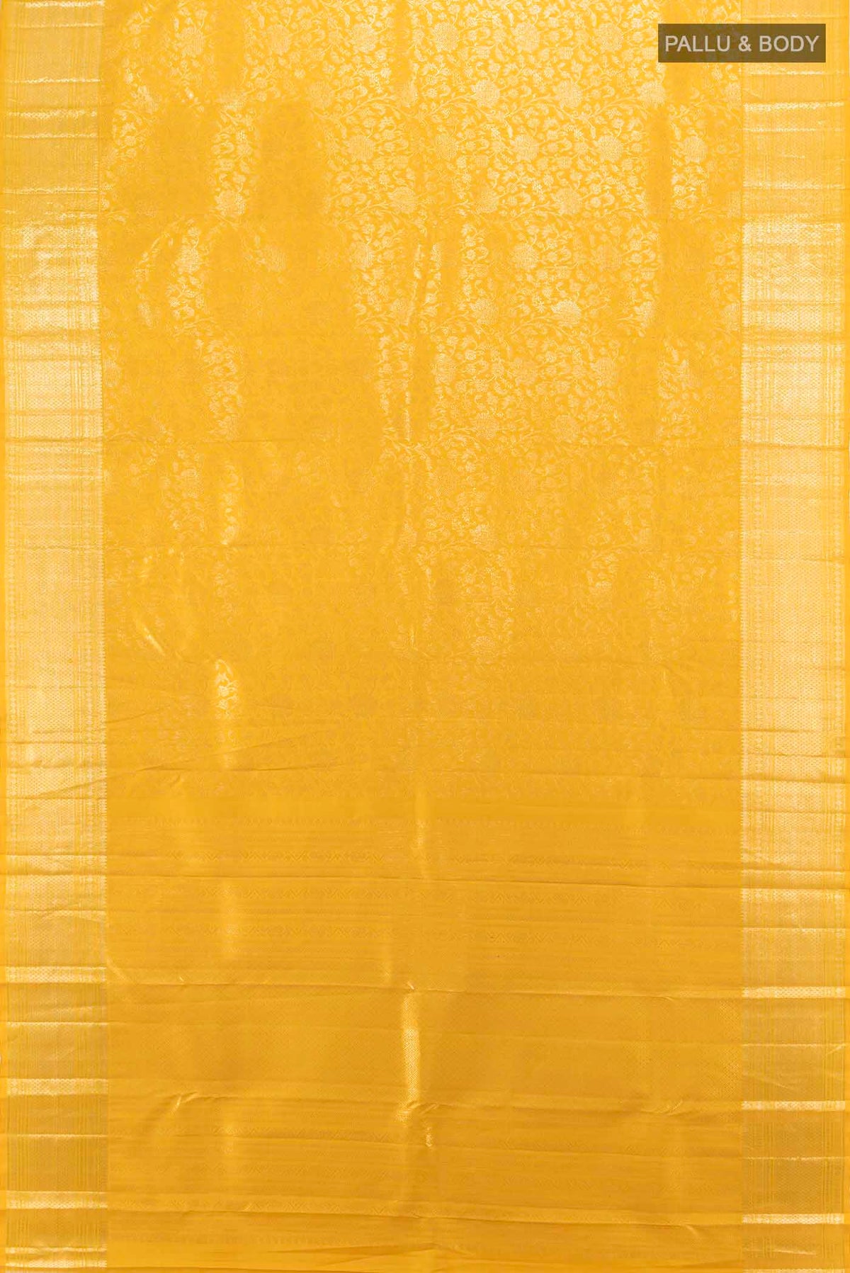 Flat view of Yellow Kanchipuram Silk Saree with Zari Butta on the body and Silk Border. 