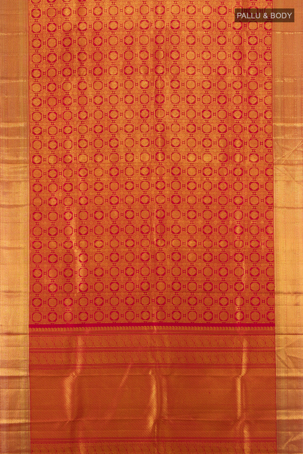 Flat view of Pure Silk Pure Zari Maroon Kanchipuram Saree with Zari Butta on the body and Silk Border. 