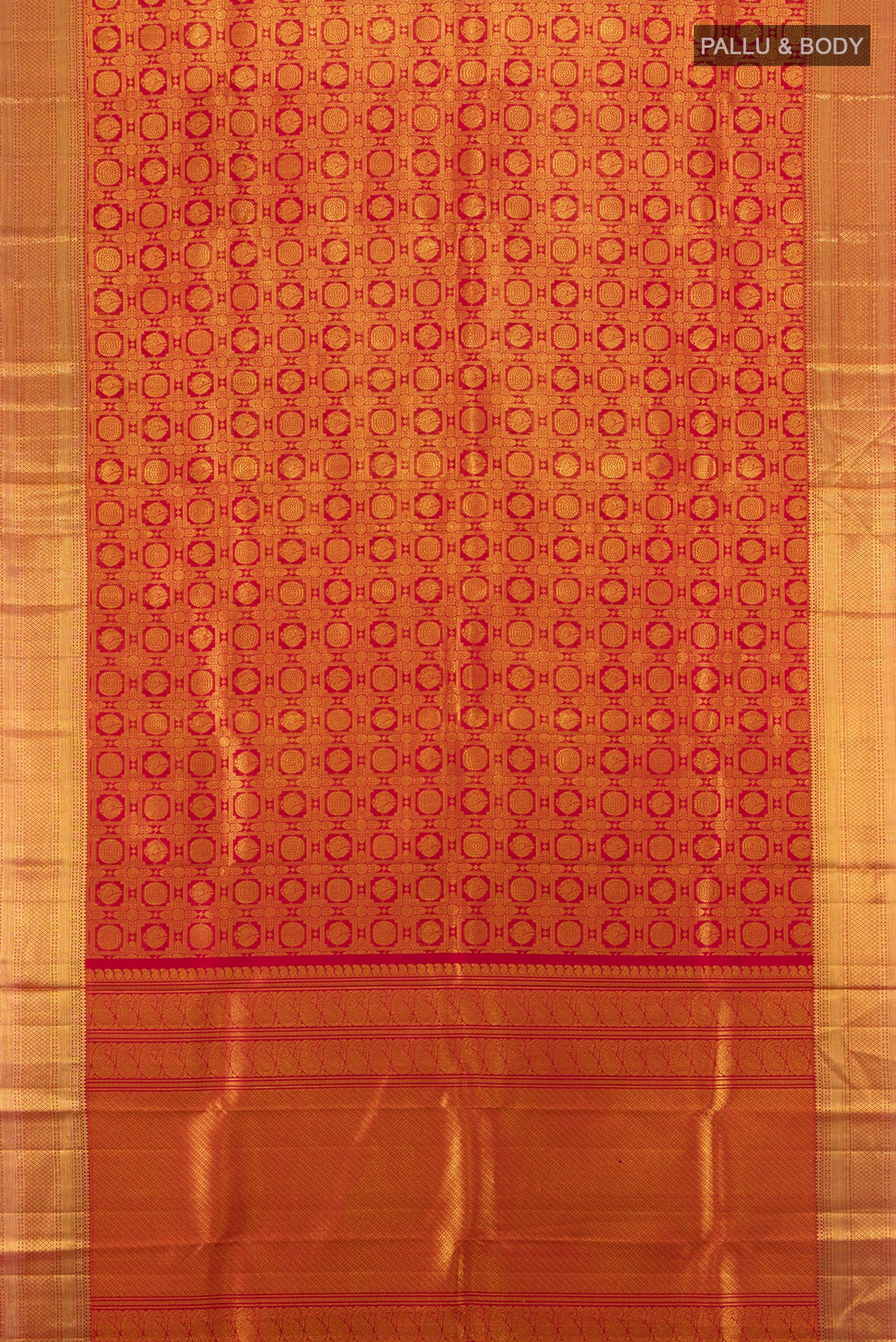 Flat view of Pure Silk Pure Zari Maroon Kanchipuram Saree with Zari Butta on the body and Silk Border. 