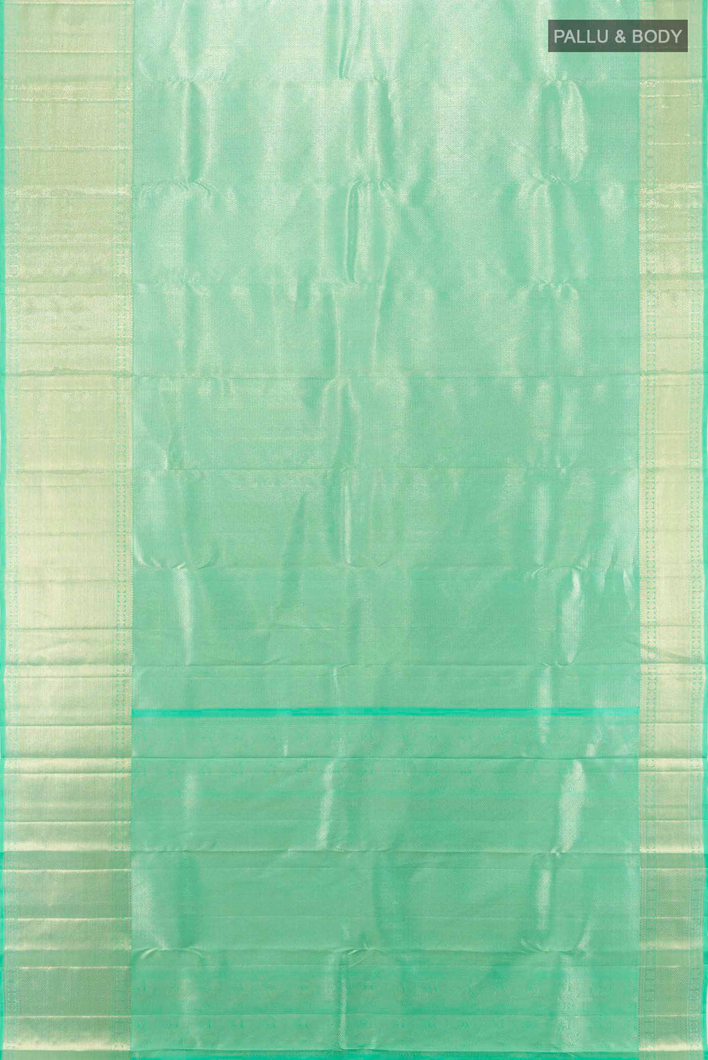 Flat view of Sea Green Kanchipuram Silk Saree with Zari Butta on the body and Silk Border. 