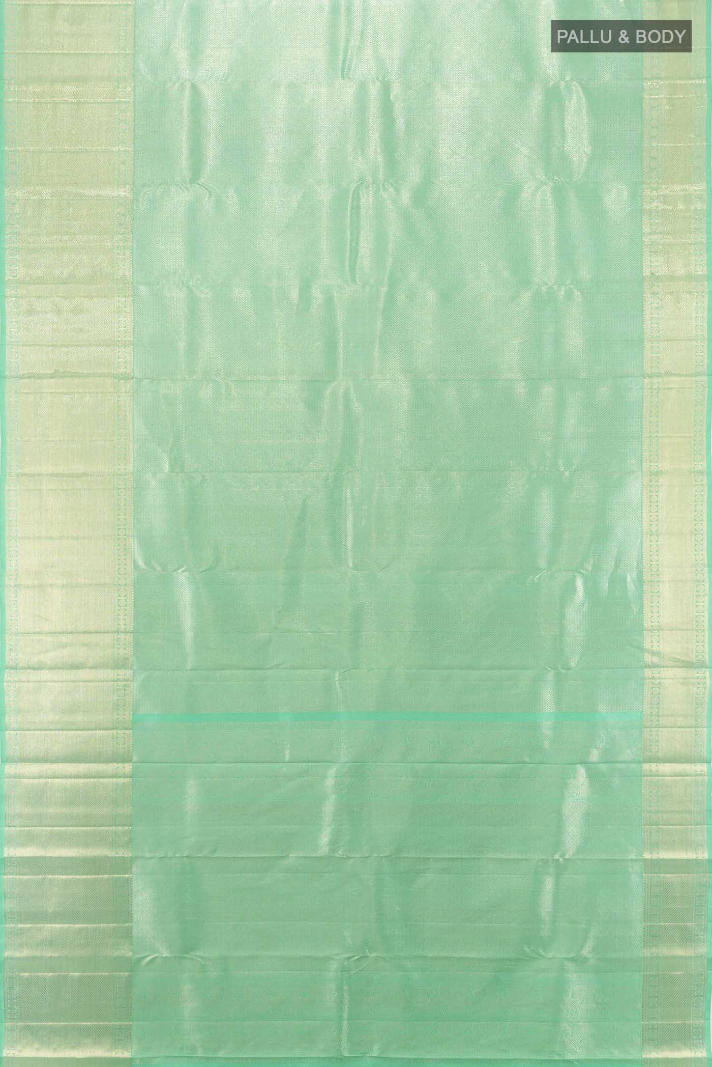 Flat view of Sea Green Kanchipuram Silk Saree with Zari Butta on the body and Silk Border. 