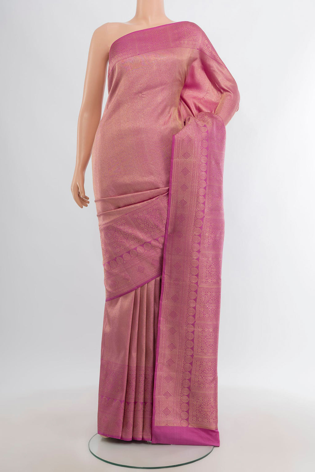 Lavender Kanchipuram Silk Saree with Zari Brocade on the body and Zari Border.  displayed on a mannequin