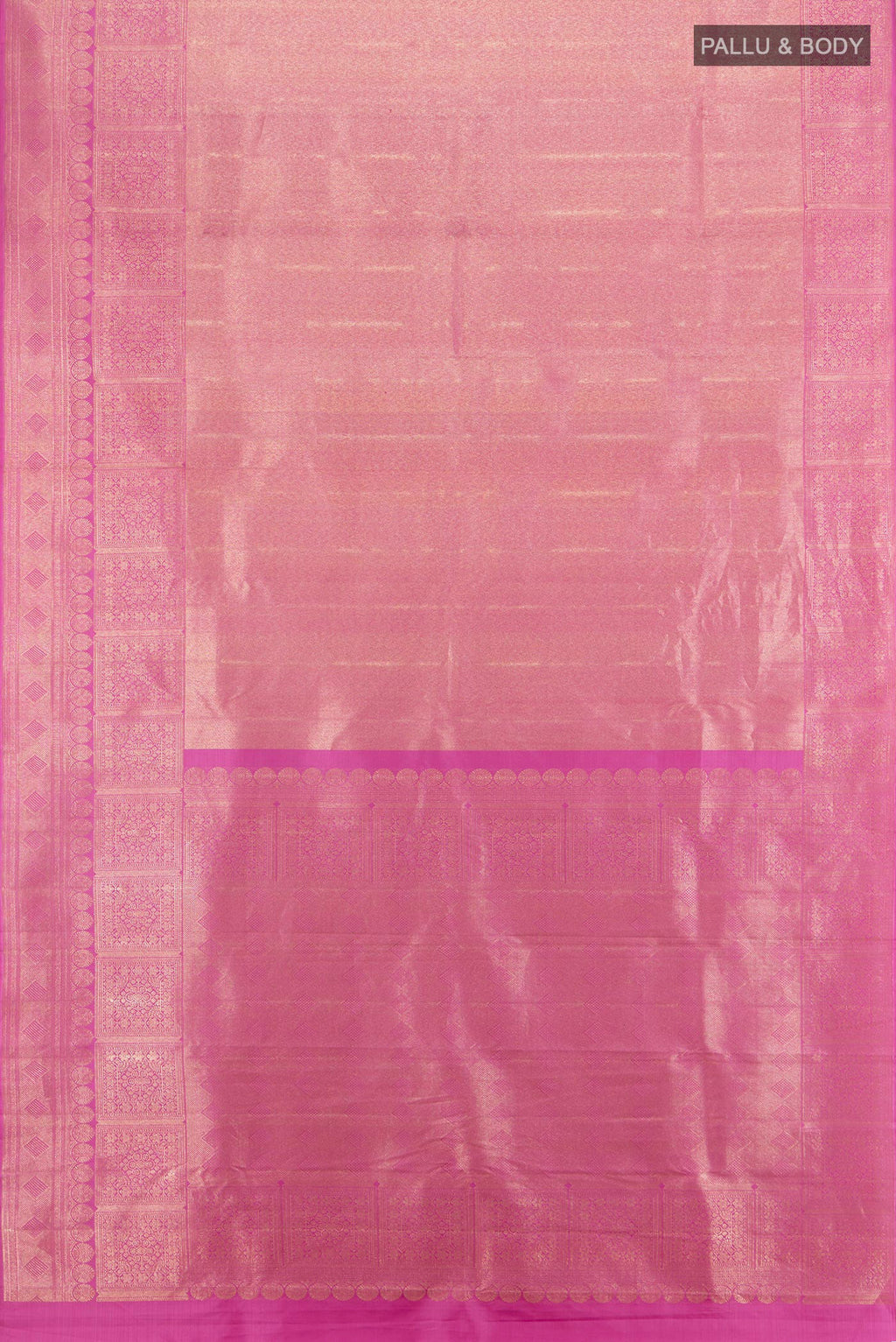 Flat view of Lavender Kanchipuram Silk Saree with Zari Brocade on the body and Zari Border. 