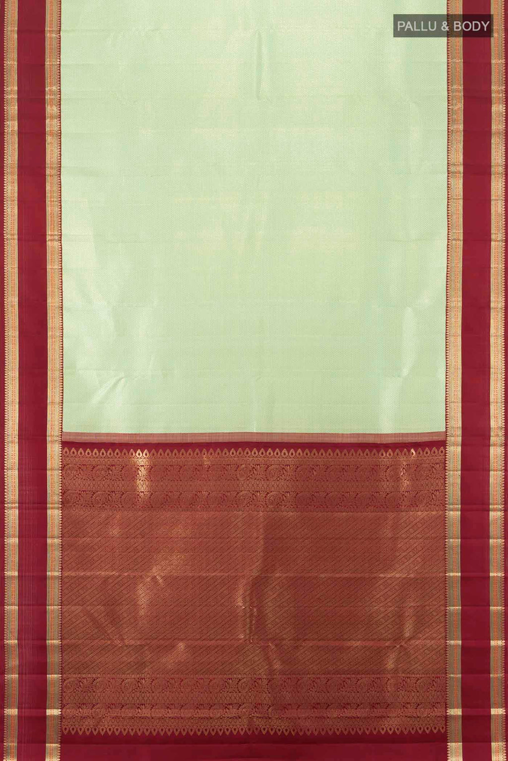 Flat view of Pista Green Kanchipuram Silk Saree with Zari Butta on the body and Silk Border. 