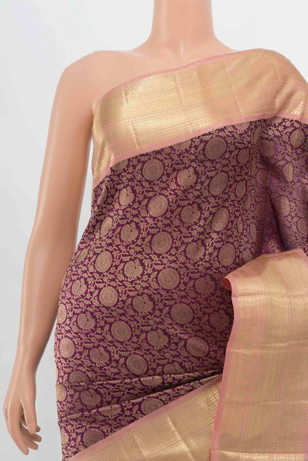 Border image of Purple Kanchipuram Silk Saree with Zari Butta on the body and Silk Border. 