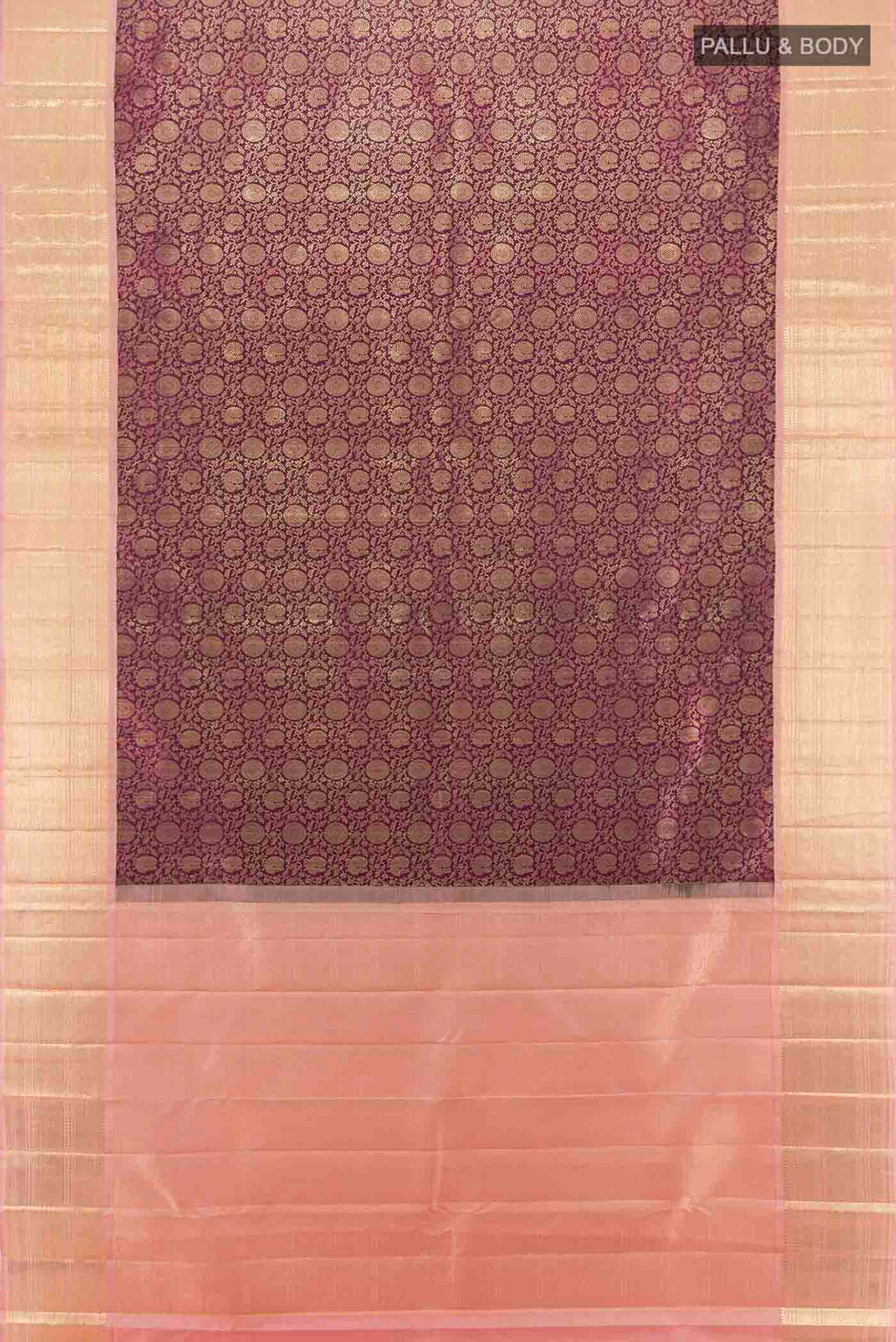 Flat view of Purple Kanchipuram Silk Saree with Zari Butta on the body and Silk Border. 