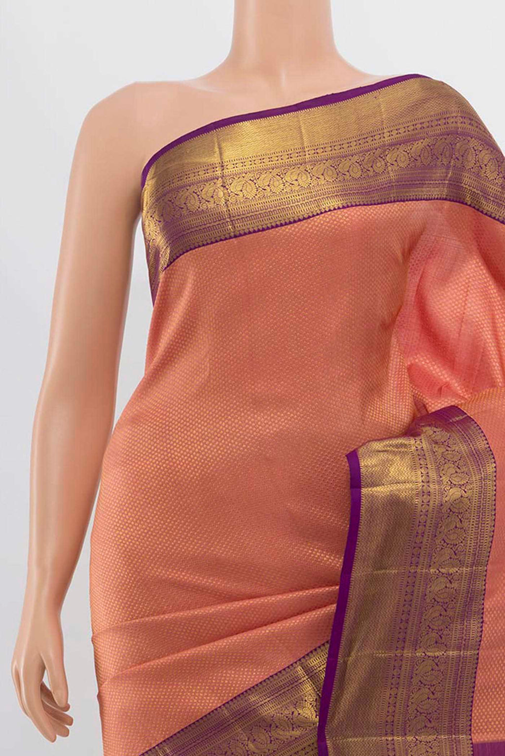 Border image of Peach Kanchipuram Silk Saree with Zari Butta on the body and Silk Border. 