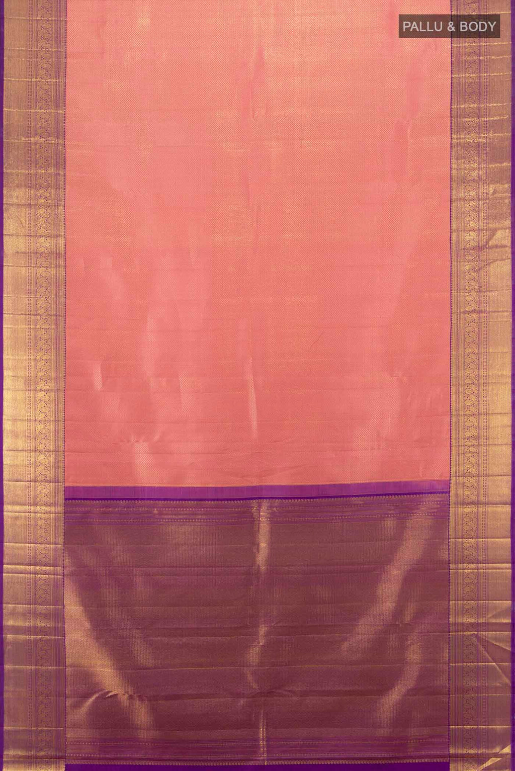 Flat view of Peach Kanchipuram Silk Saree with Zari Butta on the body and Silk Border. 