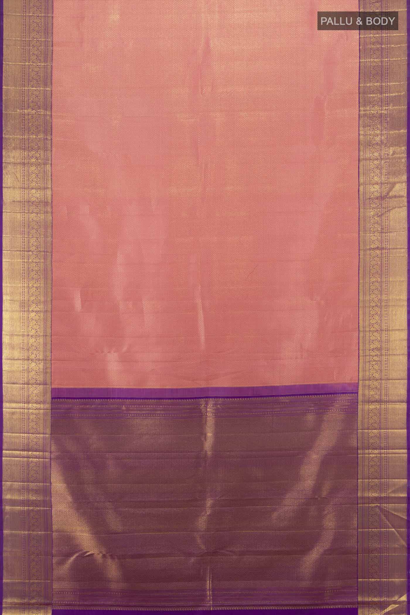 Flat view of Peach Kanchipuram Silk Saree with Zari Butta on the body and Silk Border. 