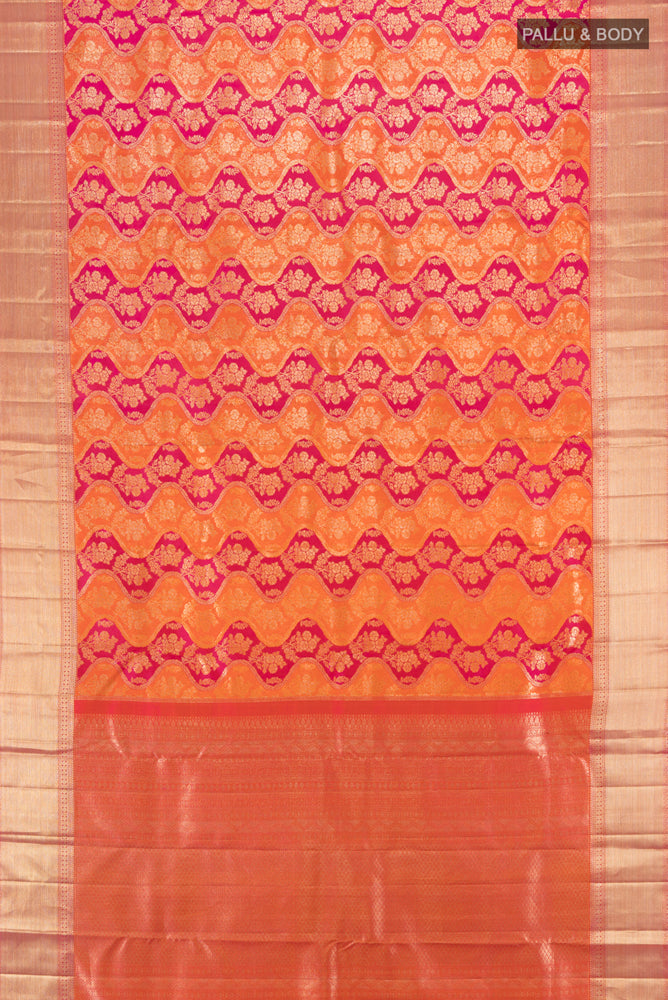 Flat view of Pure Silk Pure Zari Multi Color Kanjivaram Saree with Zari Butta on the body and Silk Border. 