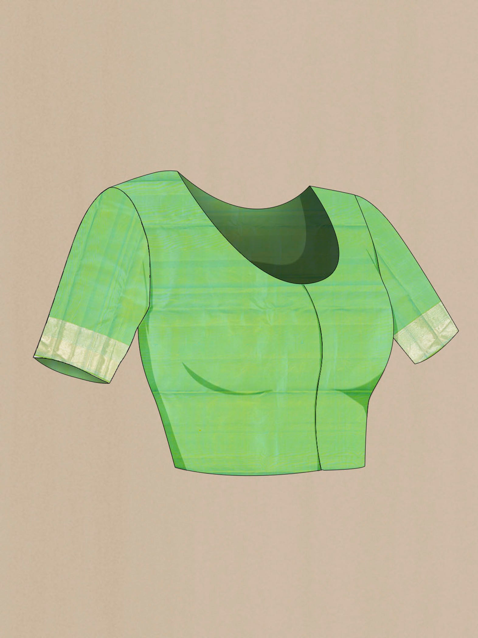 Close up image of the blouse of Light Green Kanjivaram Silk Saree with Zari Butta on the body and Silk Border. 