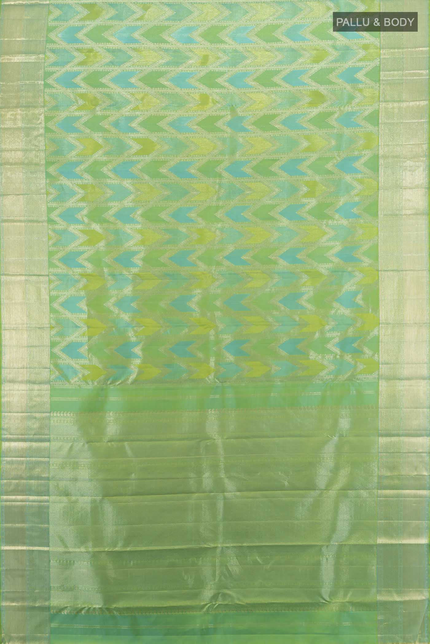 Flat view of Light Green Kanjivaram Silk Saree with Zari Butta on the body and Silk Border. 