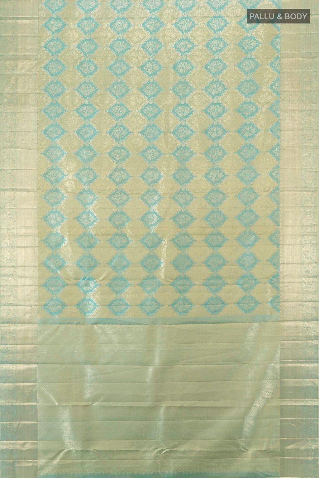 Flat view of Sky Blue Kanjivaram Silk Saree with Zari Butta on the body and Silk Border. 
