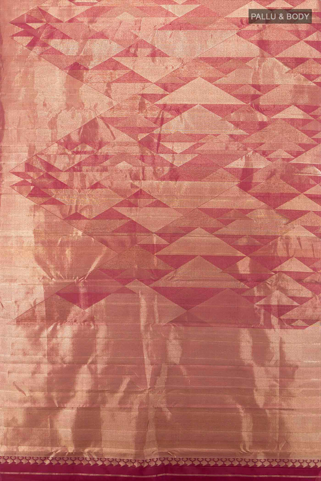 Flat view of Golden Kanjivaram Silk Saree with Zari Butta on the body and Silk Border. 