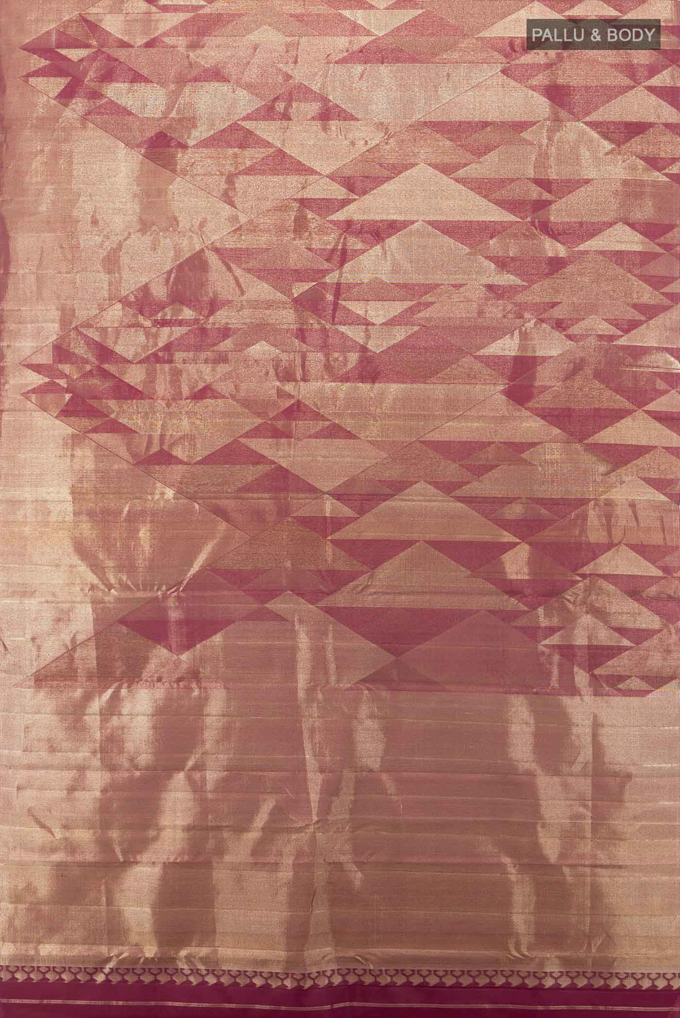 Flat view of Golden Kanjivaram Silk Saree with Zari Butta on the body and Silk Border. 