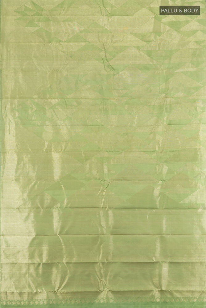 Flat view of Pista Green Kanjivaram Silk Saree with Zari Brocade on the body and Silk Border. 