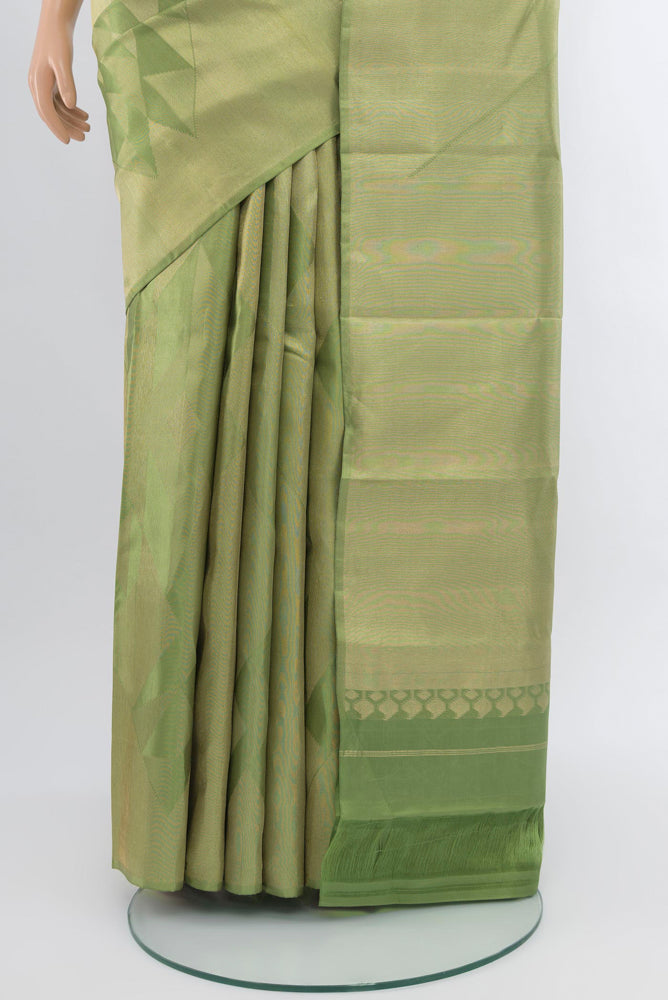 Pleats and pallu of Pista Green Kanjivaram Silk Saree with Zari Brocade on the body and Silk Border. 