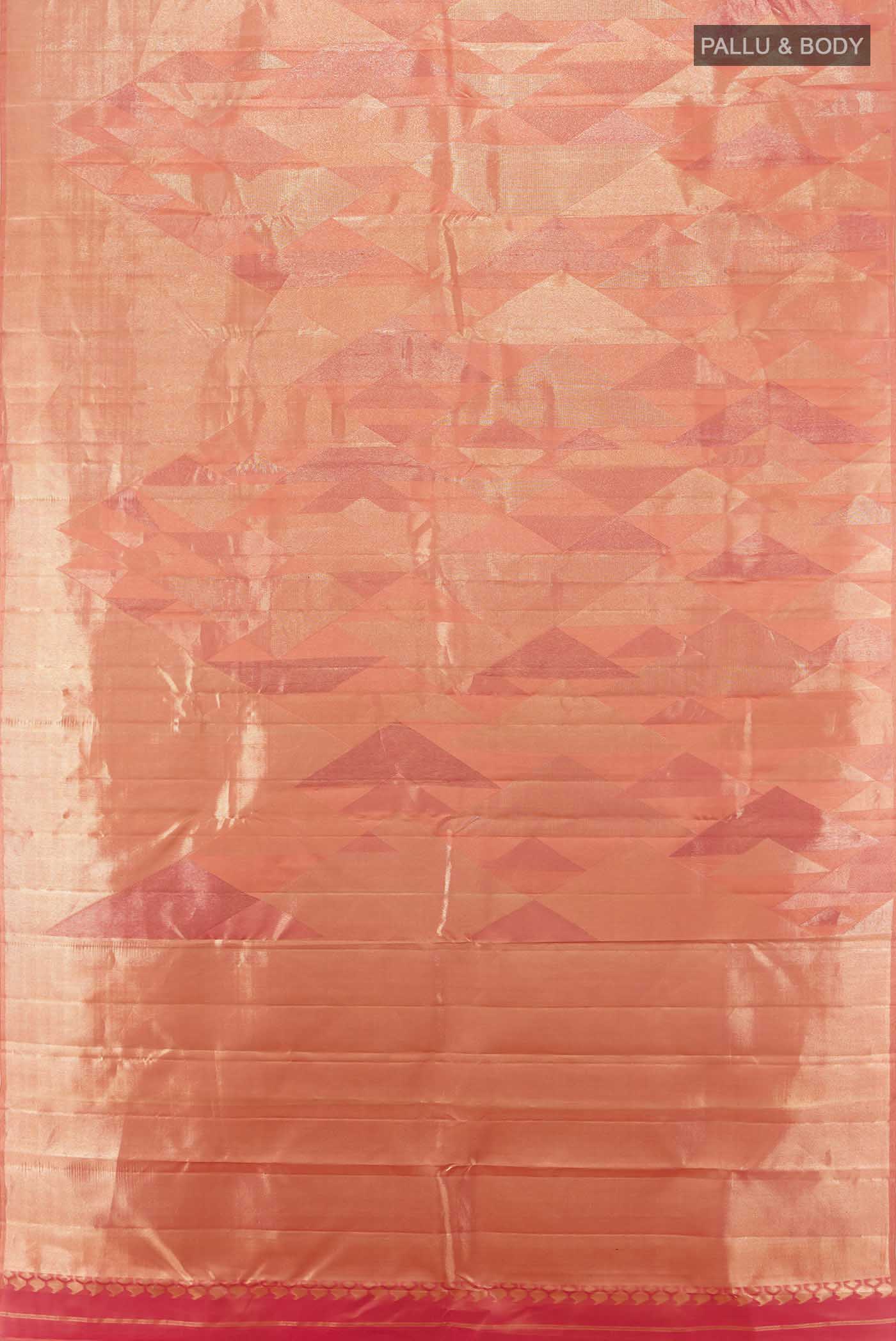 Flat view of Golden Kanjivaram Silk Saree with Zari Butta on the body and Silk Border. 