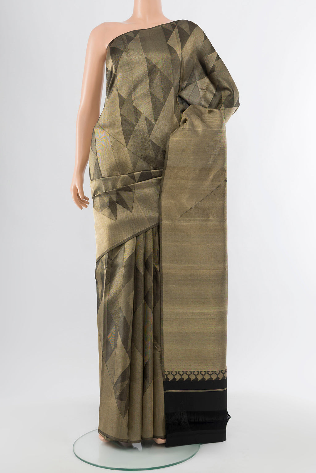 Golden Kanjivaram Silk Saree with Zari Butta on the body and Silk Border.  displayed on a mannequin