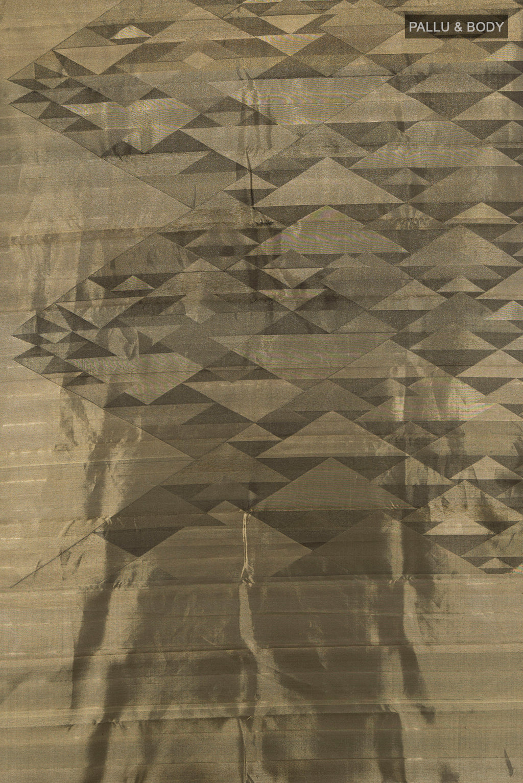 Flat view of Golden Kanjivaram Silk Saree with Zari Butta on the body and Silk Border. 