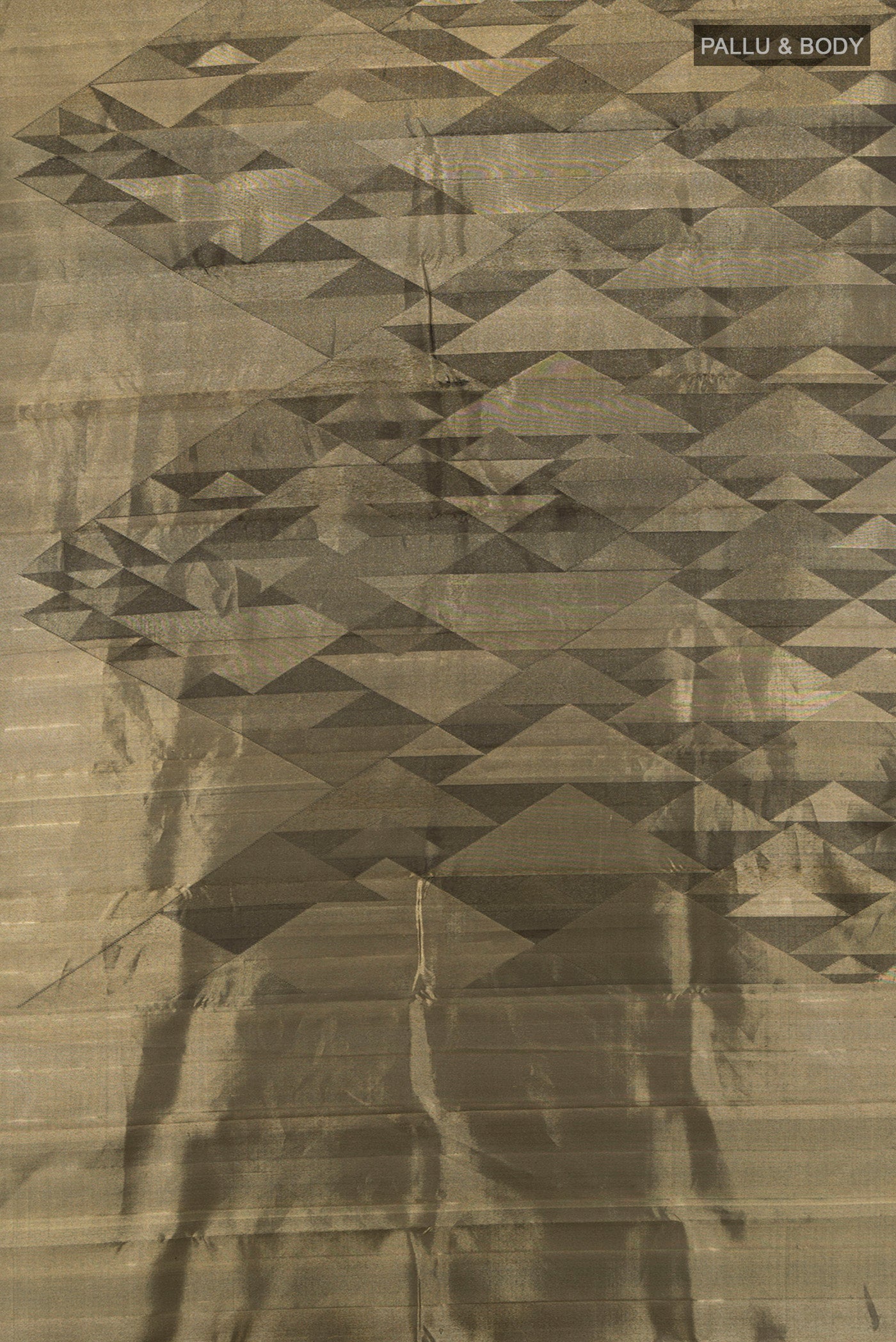 Flat view of Golden Kanjivaram Silk Saree with Zari Butta on the body and Silk Border. 