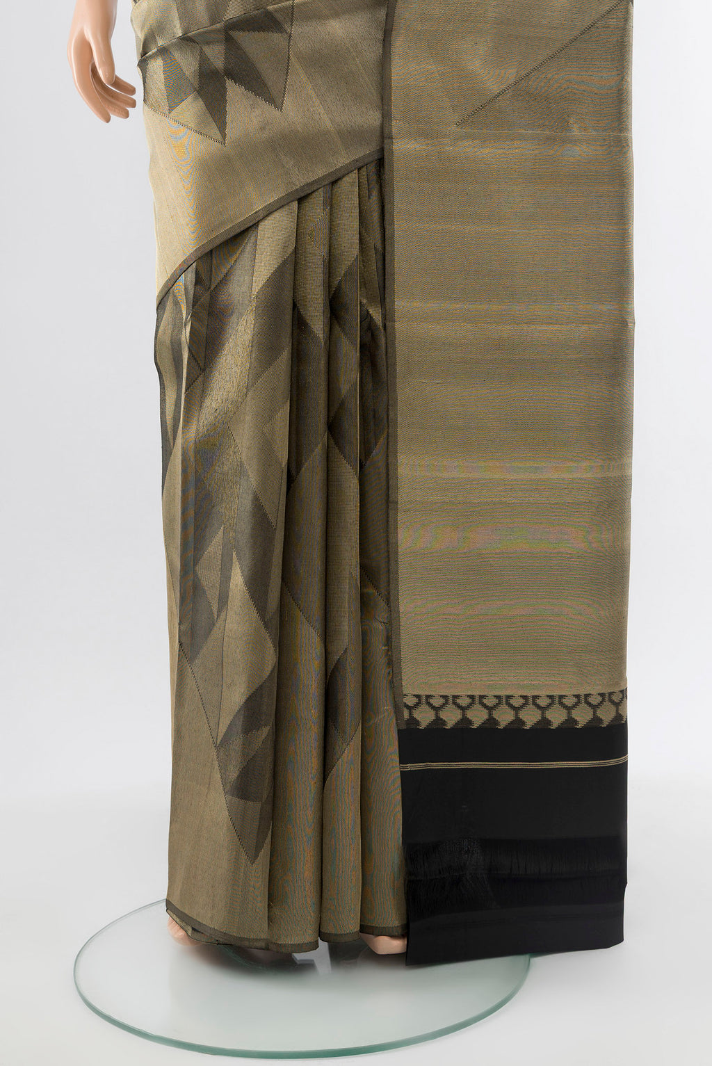 Pleats and pallu of Golden Kanjivaram Silk Saree with Zari Butta on the body and Silk Border. 