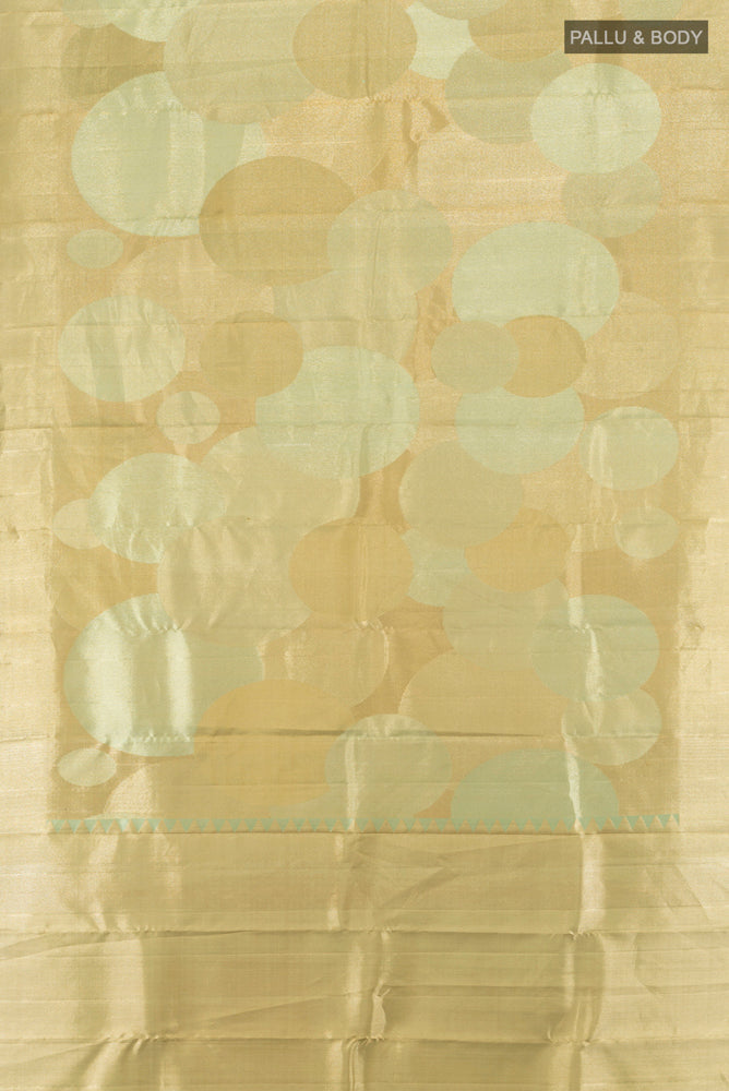 Flat view of Golden Kanjivaram Silk Saree with Zari Brocade on the body and Silk Border. 
