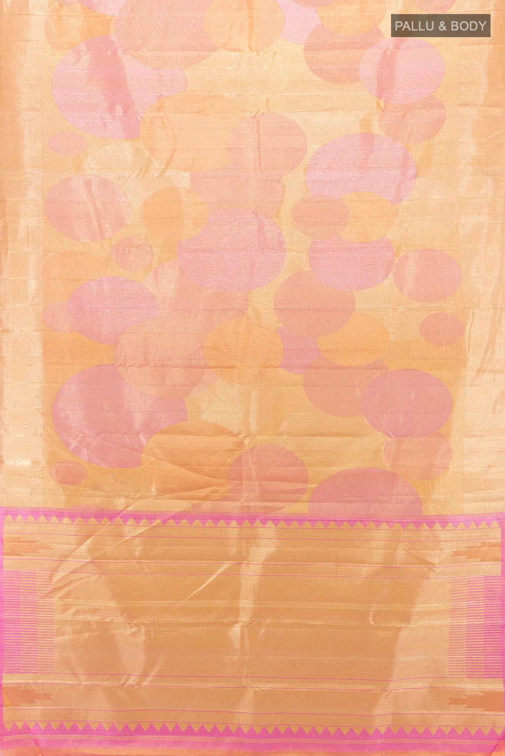 Flat view of Rose Gold Kanjivaram Silk Saree with Zari Butta on the body and Silk Border. 