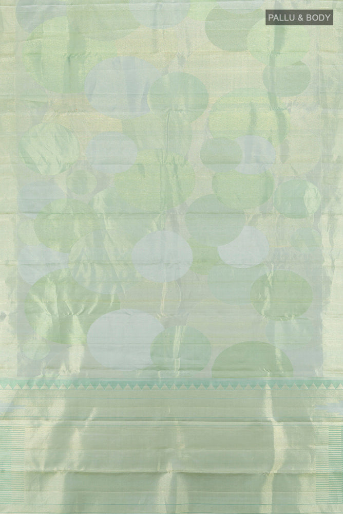Flat view of Golden Kanjivaram Silk Saree with Zari Brocade on the body and Silk Border. 