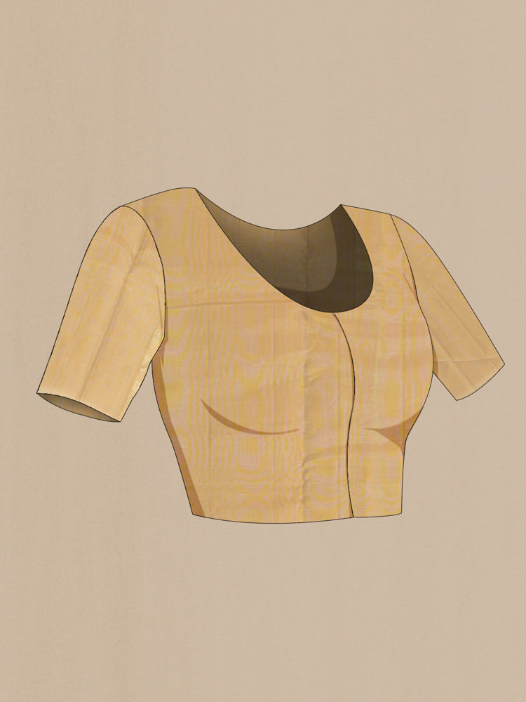 Close up image of the blouse of Golden Kanjivaram Silk Saree with Zari Brocade on the body and Zari Border. 