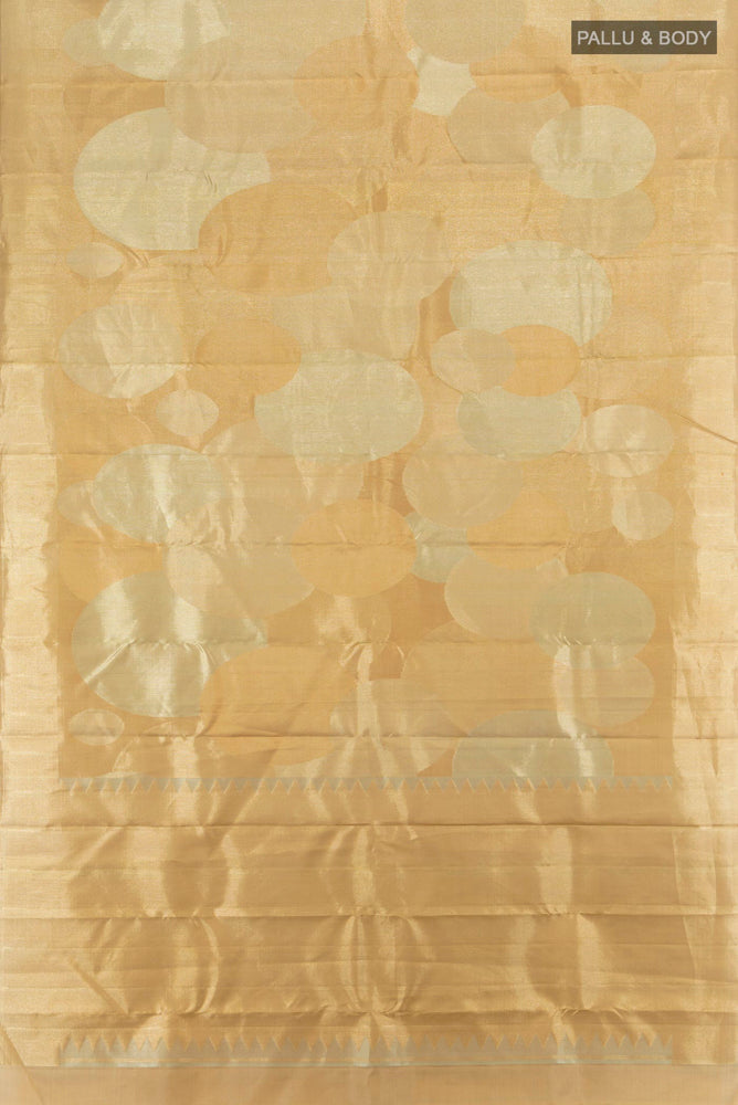 Flat view of Golden Kanjivaram Silk Saree with Zari Brocade on the body and Zari Border. 
