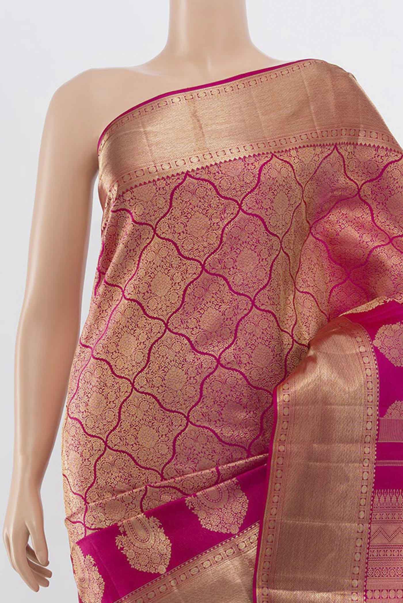Border image of Dark Pink Kanjivaram Silk Saree with Zari Butta on the body and Silk Border. 