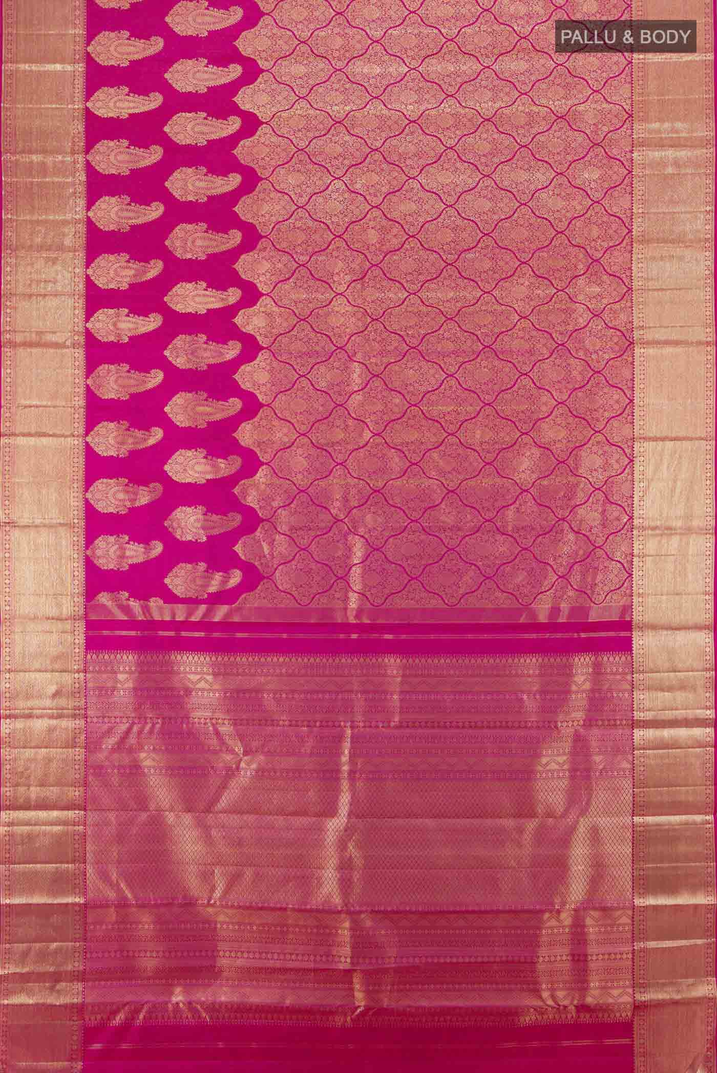 Flat view of Dark Pink Kanjivaram Silk Saree with Zari Butta on the body and Silk Border. 