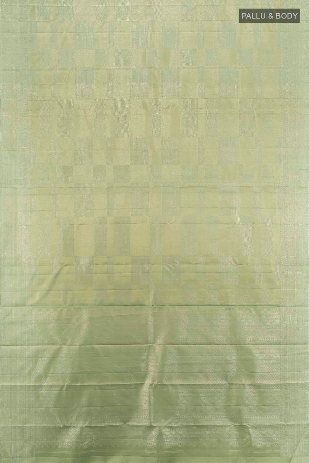 Flat view of Pista Green Kanjivaram Silk Saree with Zari Butta on the body and Silk Border. 