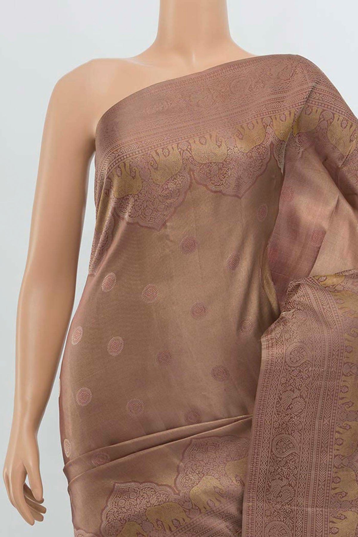 Border image of Dark Beige Kanjivaram Silk Saree with Zari Butta on the body and Silk Border. 