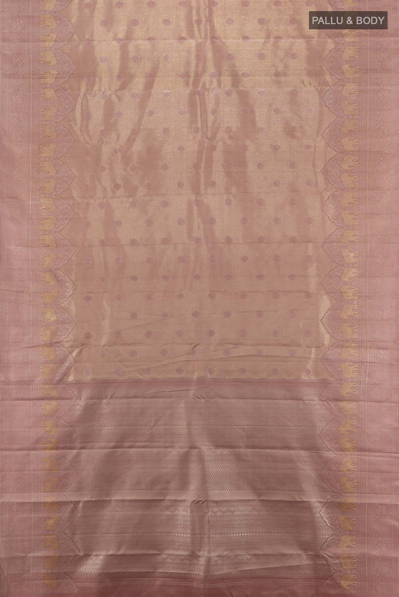 Flat view of Dark Beige Kanjivaram Silk Saree with Zari Butta on the body and Silk Border. 