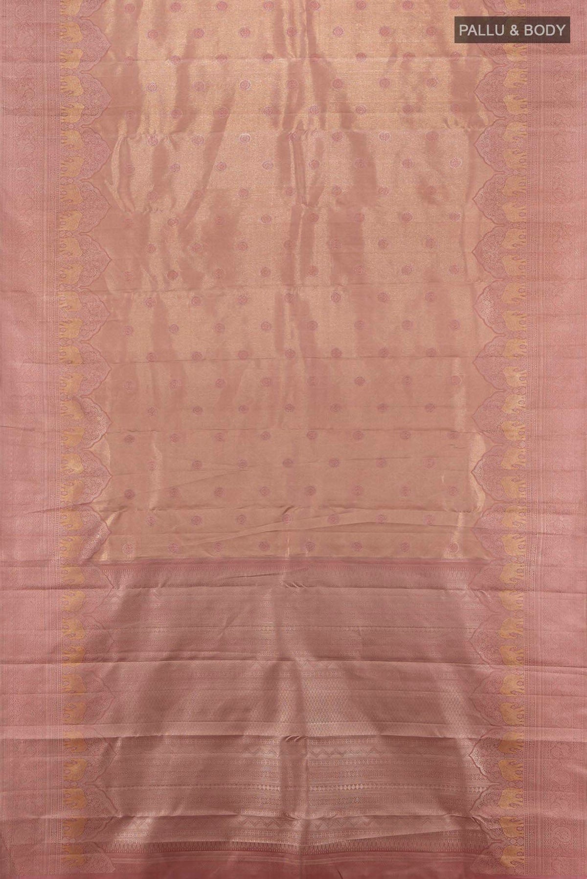 Flat view of Dark Beige Kanjivaram Silk Saree with Zari Butta on the body and Silk Border. 